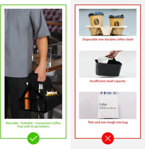 Vista 4 de Portabebidas portátil para 6 tazas, con asa, soporte plegable reutilizable para café, vino, latas, lleva de forma segura bebidas frías y calientes