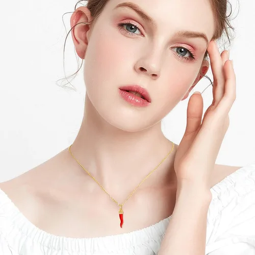 Vista 3 de WSX Collar de cuerno italiano de Cornicello de oro amarillo de 14 quilates para mujer con dije de pimienta trenzada, ideal para regalo para ella