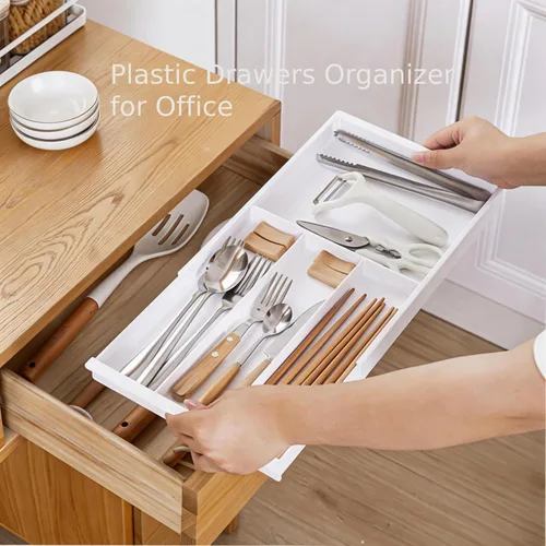 Vista 3 de Organizador de cajones de plástico para oficina, baño, dormitorio, cocina, escritorio, 1 capa más bandeja de almacenamiento blanca, expandible