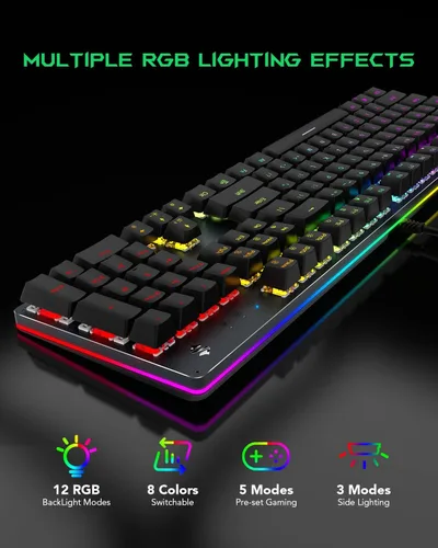 Vista 2 de Black Shark Teclado mecánico RGB para juegos con retroiluminación LED con interruptores azules totalmente programable antifantasma 104 teclas