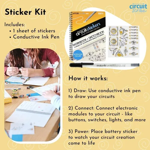 Vista 2 de Kit de pegatinas de circuito de escritura Kit STEM de tinta conductora, 11 módulos, a partir de 8 años 11 electronic sticker modules, workbook