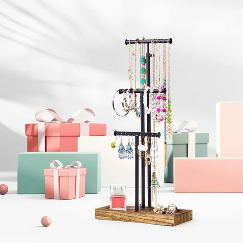 Vista 6 de Love-KANKEI Soporte organizador de joyas con base de metal y madera y almacenamiento grande para collares, pulseras, aretes, organizador negro