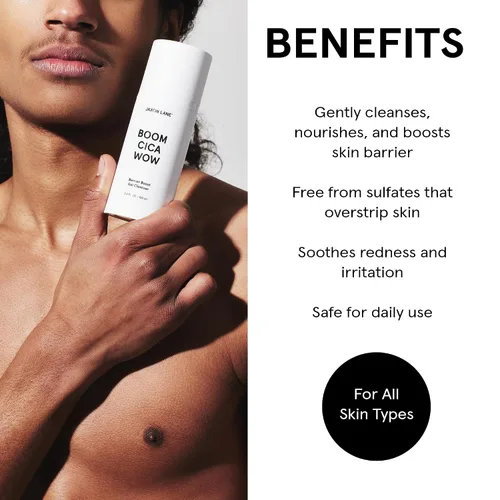 Vista 3 de Jabón facial Centella para hombres Cuidado de la piel: BOOM CICA WOW - Gel limpiador hidratante para piel grasa, seca, propensa al acné, limpiador
