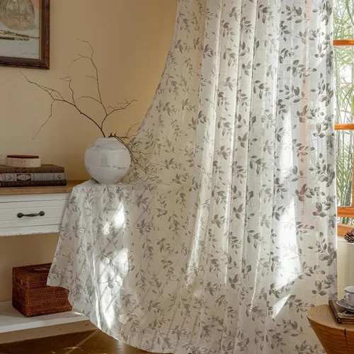 Vista 11 de BHUSB Cortinas rústicas para sala de estar de 63 pulgadas de largo, cortinas de ventana de lino y algodón con estampado floral bohemio, cortinas