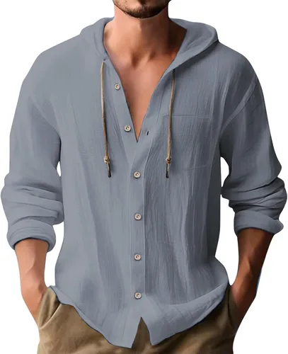 Vista 17 de Camisas de lino para hombre, casual, con botones, de verano, algodón, lino, con capucha, para playa, manga larga, con capucha