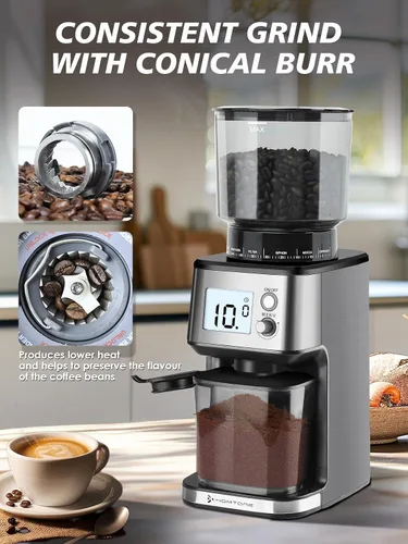 Vista 3 de Homtone Molinillo de café expreso con rebabas cónicas – Molinillo de frijoles eléctrico continuo de 2.008 in con ajustes de molienda, temporizador