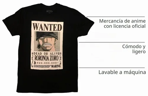 Vista 3 de One Piece Camiseta Roronoa Zoro Bounty, con licencia
