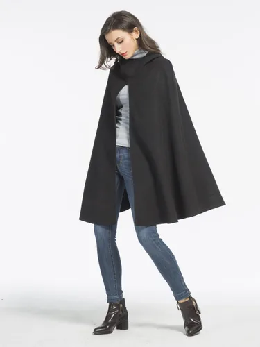 Vista 4 de Clothink Poncho frontal dividido de lana negra para mujer, Negro