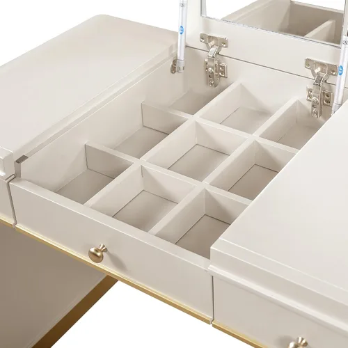 Vista 9 de RuiSiSi Escritorio de maquillaje de madera con espejo abatible, tocador con 2 cajones y espacio de almacenamiento, tocador de maquillaje 3 en 1