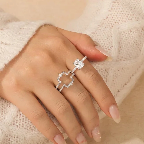 Vista 7 de Jeulia Juego de 2 anillos de compromiso vintage de plata de ley con halo irregular radiante para mujer, con caja de regalo