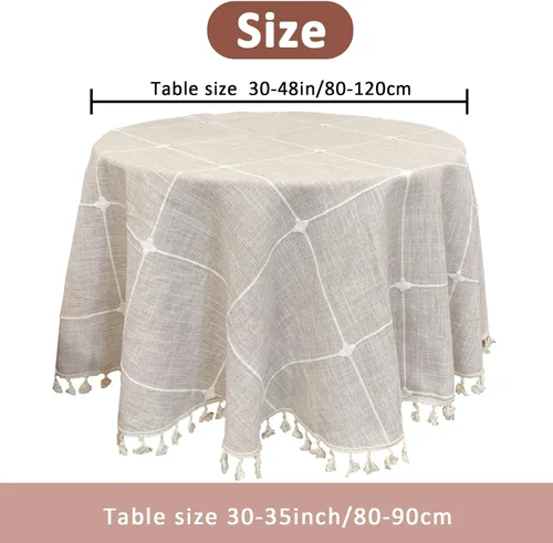 Vista 5 de Mantel redondo con borlas a cuadros, mantel redondo de lino de algodón pesado para cocina, comedor, granja, fiesta, mesa, decoración de picnic