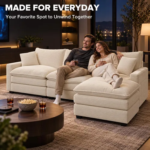 Vista 8 de Sofá seccional modular de 107", sofá de nube en forma de L con otomana Beige
