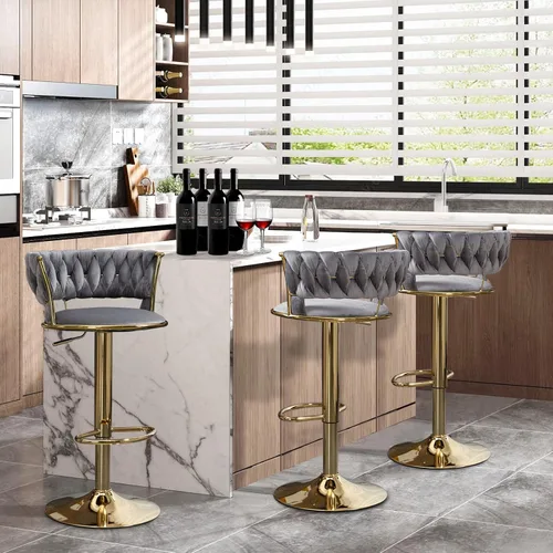 Vista 2 de Taburetes de bar modernos de terciopelo, juego de 3 taburetes de bar giratorios de 360°, altura de mostrador, taburetes de cocina para isla sillas