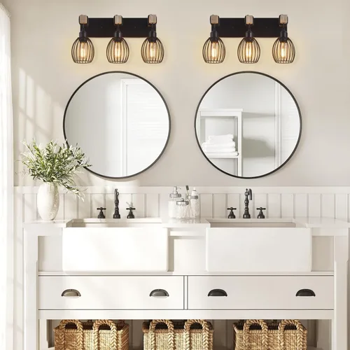 Vista 6 de Luz de tocador de granja de 3 luces para baño, aplique de pared de madera con elegante jaula en forma de lágrima, luces de tocador industriales