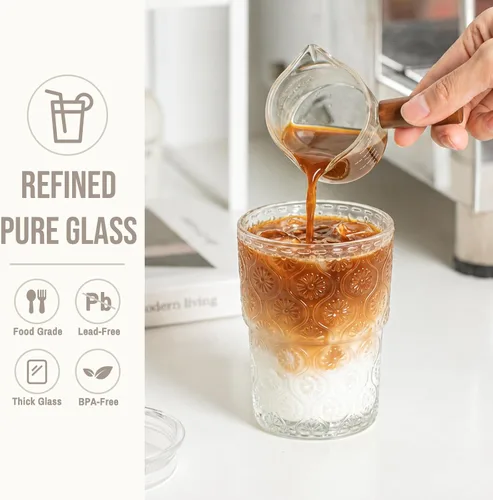 Vista 4 de SoulTimes Vaso de cristal de flor de Begonia de 13 onzas con tapa y pajita, vasos de café helado para batidos, matcha, jugo, agua, etc. Cristalería