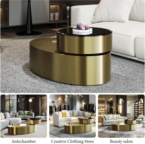 Vista 9 de Mesa auxiliar giratoria ovalada dorada, mesa central de lujo moderna de 2 niveles con parte superior redonda giratoria de 360°, mesa de té con base