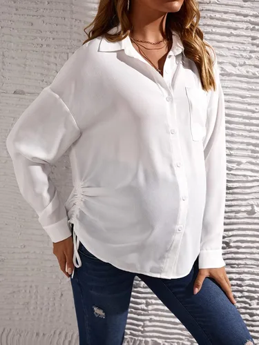 Vista 4 de OYOANGLE Blusa de maternidad para mujer, con bolsillo frontal, manga larga, dobladillo con cordón
