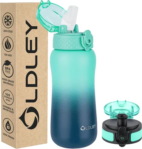 Vista 31 de Botella de agua aislada Oldley de 12 oz con pajita, botella de agua de acero inoxidable con 2 tapas, botellas de doble pared con vacío para adultos