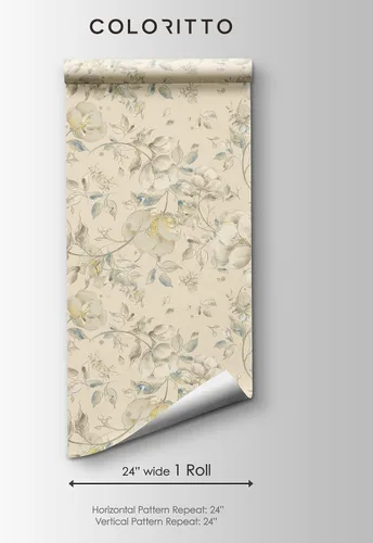 Vista 5 de Papel tapiz de dibujo floral beige Mural floral de acuarela extraíble Papel tapiz autoadhesivo floral pastel