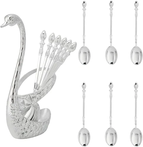 Vista 9 de Juego de cucharas de postre de café, soporte de base de cisne, organizador de cuchara con 6 cucharas para café, frutas, postres, mezcla, azúcar