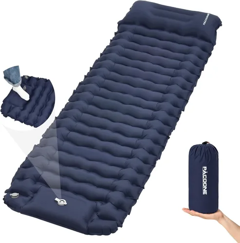 Vista 9 de Colchoneta de dormir para campamento, diseño conectable para doble colchoneta, colchoneta inflable ultraligera con almohada, bomba de pie