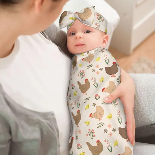 Vista 3 de Manta con estampado de pollo lindo con sombrero y lazo, saco de dormir de gallo, saco de envolver regalo de ducha, artículos divertidos para bebés