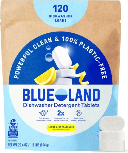 Vista 13 de BLUELAND - Tabletas de detergente para lavavajillas 100% libres de plástico, 60 unidades, libres y transparentes, ecológicas, cortan la grasa y se