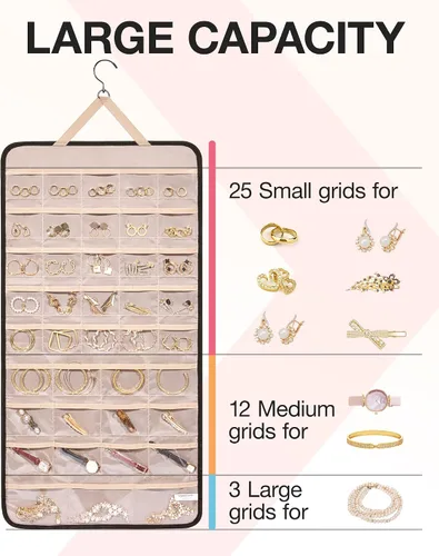 Vista 3 de BAGSMART Organizador de joyas colgante con ganchos de metal, soporte de joyería de doble cara para aretes + estuche organizador de joyas de viaje