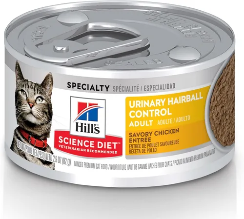 Vista 15 de Hill's Science Diet Urinary Hairball Control - Alimento húmedo para gatos adultos de 1 a 6 años, estofado de pollo y verduras, latas de 2.9 onzas