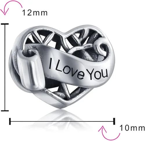 Vista 4 de Romantic Words Saying "I Love You Heart" Charm Bead For Women Teens Girlfriend Wife Daughter Oxidized .925 Sterling Silver Fits European Charm