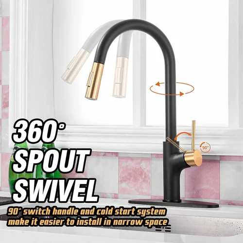 Vista 2 de Achelous Grifo de cocina negro y dorado con rociador magnético extraíble, grifos de fregadero de cocina de acero inoxidable extraíbles rv, de una