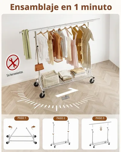 Vista 2 de Hoctieon Perchero de montaje de 1 minuto, 480 libras, percheros de ropa rodantes resistentes con ruedas, perchero plegable para ropa, barra Plata
