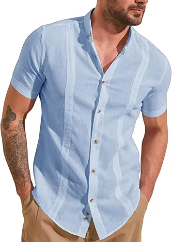 Vista 6 de Camisas de manga corta para hombre, camisas casuales a rayas, camisa de guayabera cubana con botones, camisas de verano para la playa y la boda