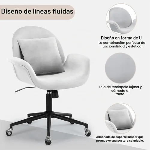 Vista 3 de Silla de escritorio de terciopelo, moderna silla de oficina en casa con altura ajustable giratoria para computadora ejecutiva con almohada, sillón