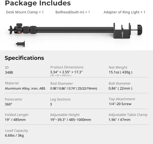 Vista 8 de SMALLRIG Soporte C de montaje de escritorio para cámara, soporte de luz de trípode de escritorio ajustable de 15 a 35 pulgadas, abrazadera C de mesa
