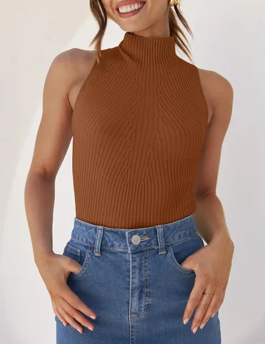Vista 2 de ZESICA Camisetas sin mangas de verano para mujer, cuello de tortuga, de punto acanalado, ajustadas, básicas, casuales