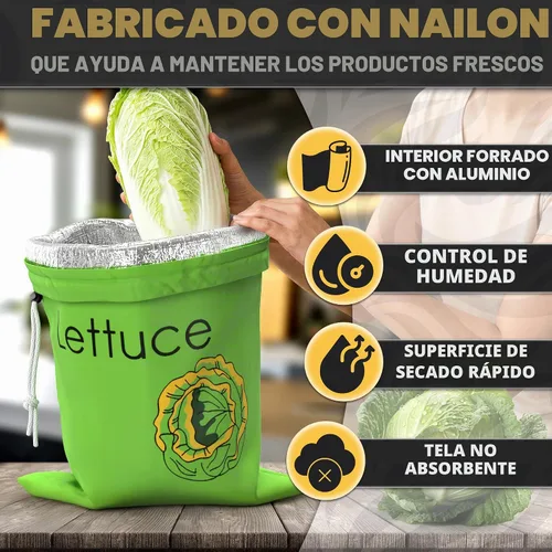 Vista 3 de Lechuga Keeper para refrigerador – Bolsas de almacenamiento reutilizables de 3 capas con forro de aluminio y cordón Transpirable, lavable