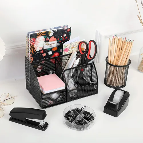 Vista 7 de SKYDUE Suministros de oficina negros, organizador de escritorio de malla, grapadora, dispensador de cinta, tijeras, carpeta/clips de papel y 1000