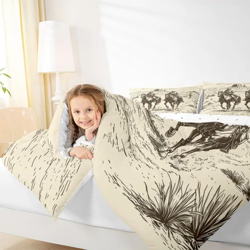 Vista 6 de Feelyou, juego de ropa de cama estilo vaquero tamaño individual para niños, juego de edredón occidental para niños y niñas, desierto del lejano