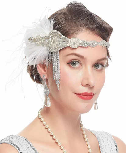 Vista 2 de Cizoe (ef) - Juego de accesorios de estilo Gatsby de la década de 1920, para mujer, diadema de estilo flapper, tocado, collar, guantes
