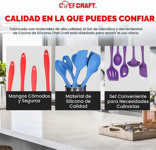 Vista 6 de Chef Craft Juego de herramientas de cocina de silicona premium multicolor de 5 piezas, surtido (42086)