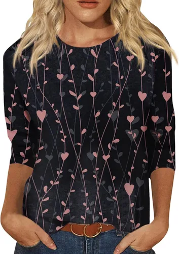 Vista 20 de Camisetas personalizadas para mujer, a la moda, casual, de séptima manga, estampada, cuello redondo, camiseta