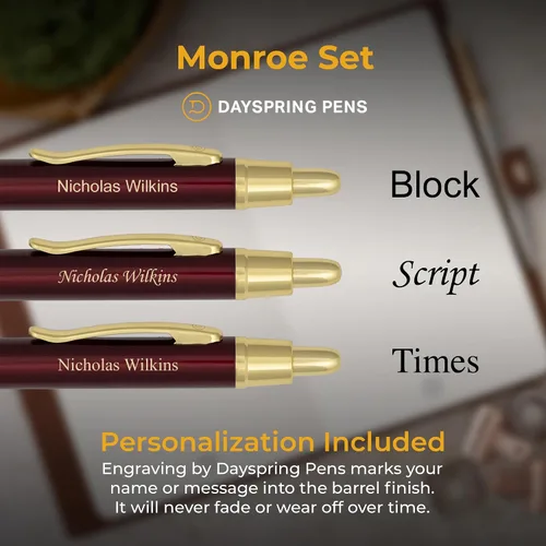 Vista 3 de Dayspring Pens Monroe - Juego de bolígrafos y lápices, laca roja con borde dorado, grabado personalizado, regalo de graduación, aniversario