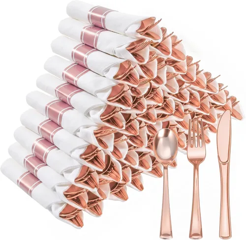 Vista 17 de Goodluck 100 Pack Pre Rolled Gold Plastic Silverware, Wrapped Cutlery