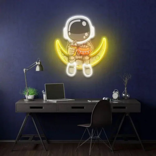Vista 4 de Letrero de neón con diseño de astronauta comiendo hamburguesa con queso, obras de arte hechas a mano, luces LED de luna, letreros de astronauta