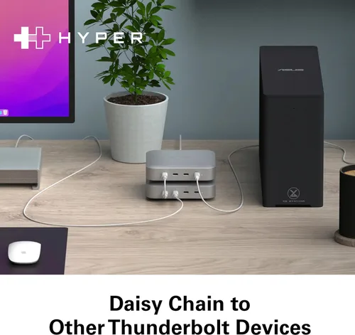Vista 6 de Hyper Unidad USB-C y Thunderbolt 4 Hub con fuente de alimentación GaN integrada: tres puertos Thunderbolt 4 downstream y un puerto ascendente