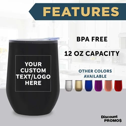 Vista 2 de DISCOUNT PROMOS Vasos de vino personalizados sin tallo de 12 onzas, juego de 6/12/24, paquete a granel personalizado, aislados, perfectos para vino