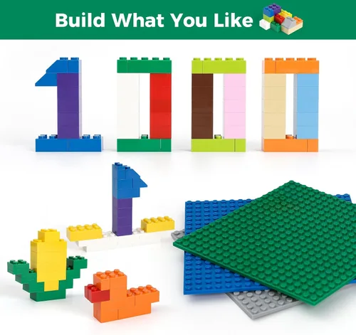 Vista 4 de HUIZDQ 1000 bloques de construcción, placas base apilables clásicas, 3 placas base azules, grises y verdes de 6.3 x 6.3 pulgadas, compatibles