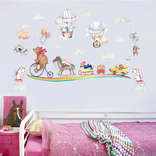 Vista 3 de SUPERDANT Divertidos calcomanías de pared de animales para fiestas, vinilo de oso de ratón, globos aerostáticos, nubes, arco iris, removibles