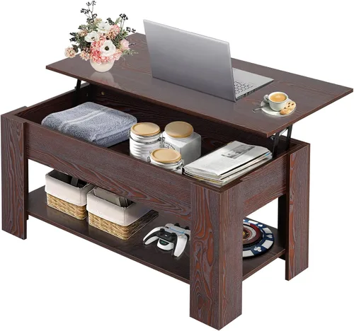 Vista 8 de Mesa de centro elevable con almacenamiento oculto, diseño moderno de elevación de 39.4 pulgadas, escritorio convertible de comedor y portátil